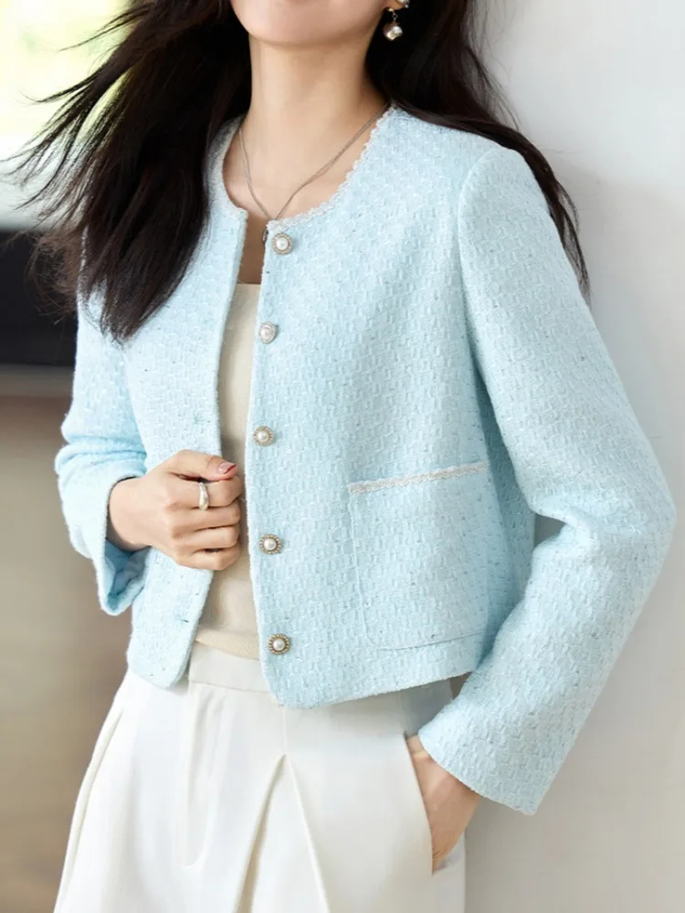 Elegant Jackets Women All-match Commuting High Street Long Sleeve Chic Korean Style Temperament Blue O-neck Spring Autumn Cozy