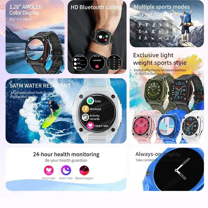 Smartwatch de tela AMOLED para homens e mulheres, sempre exibe smartwatch esportivo, freqüência cardíaca, pulseira de fitness, 5ATM à prova d'água, 2024