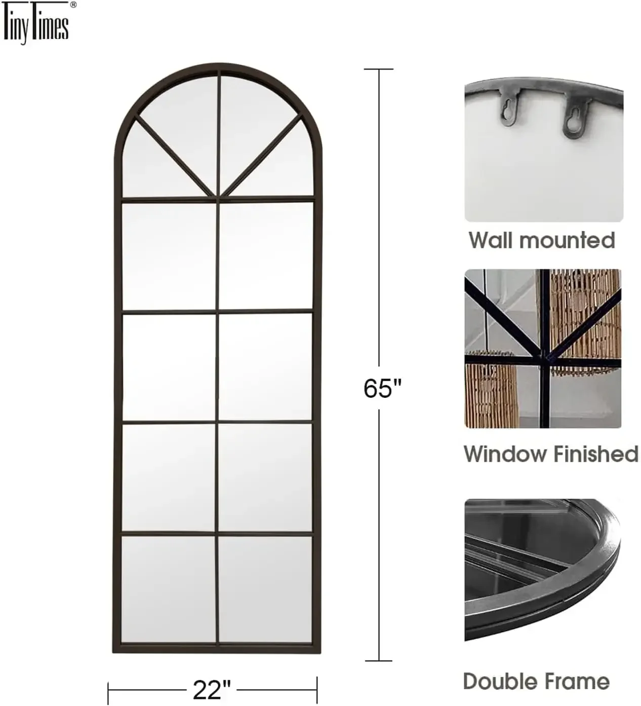 Espelho de comprimento total com acabamento em janela arqueada de 65 × 22 ", espelho de parede, estrutura de metal, espelho de decoração de casa, painel de janela