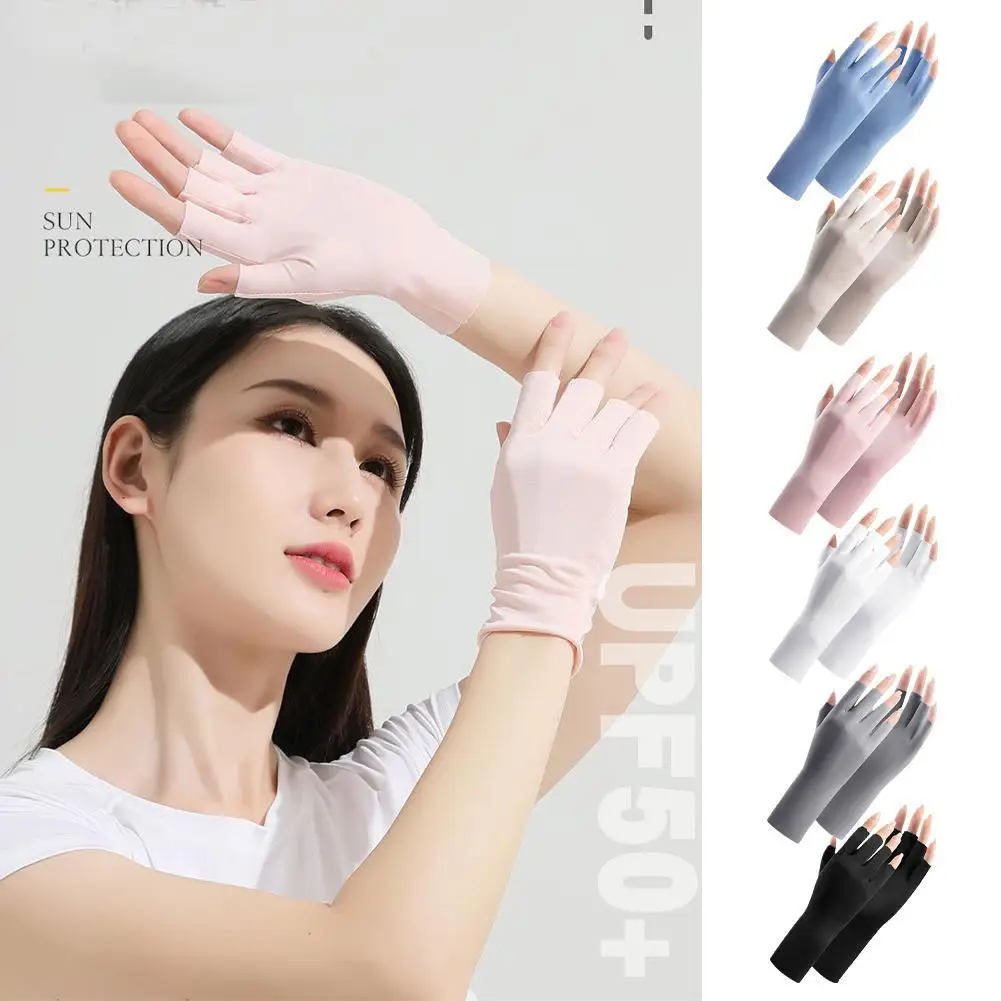 2024 Summer Anti-UV Fingerless Half Finger Gloves Sun Protection Ice Silk Thin Half Finger Gloves Sunscreen Breathable Practical