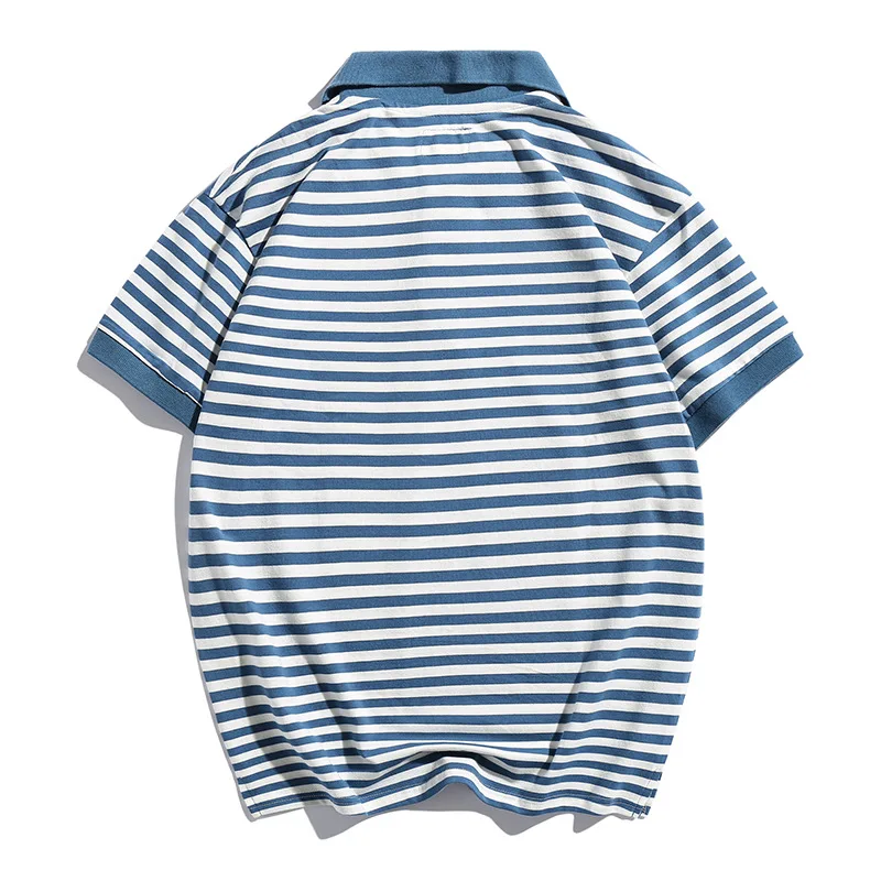 Vintage Summer Men's Collared T-Shirt Retro Chinese National Tide Breton Stripe Casual 100% Cotton Navy Short-Sleeve Polo Shirt - Image 2