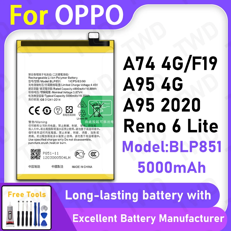 

100% New 5000mAh BLP851 Battery For OPPO A74 4G/F19/A95 4G/A95 2020 Replacement Bateria+Free Tools