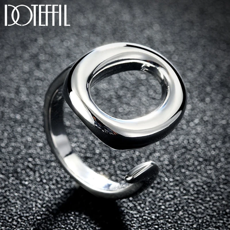 DOTEFFIL 925 Sterling Silver Round Circle O Open Adjustable Size Ring For Women Man Wedding Engagement Party Jewelry