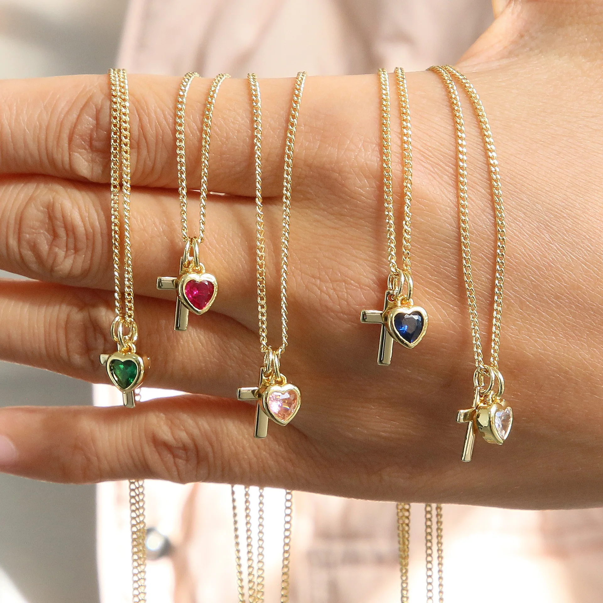 Fashion Colorful Zircon Heart-shaped Cross Necklace for Women Men Golden Birthstone Cross Necklace Birthday Jewellery Gift
