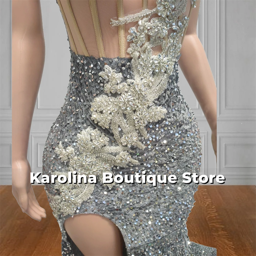 Robe de Bal à Paillettes Argentées Brillantes, Sans Bretelles, Perlée, Strass, Haute Fente, Corset Sirène, Élégante, Robe de Soirée Personnalisée, 2025