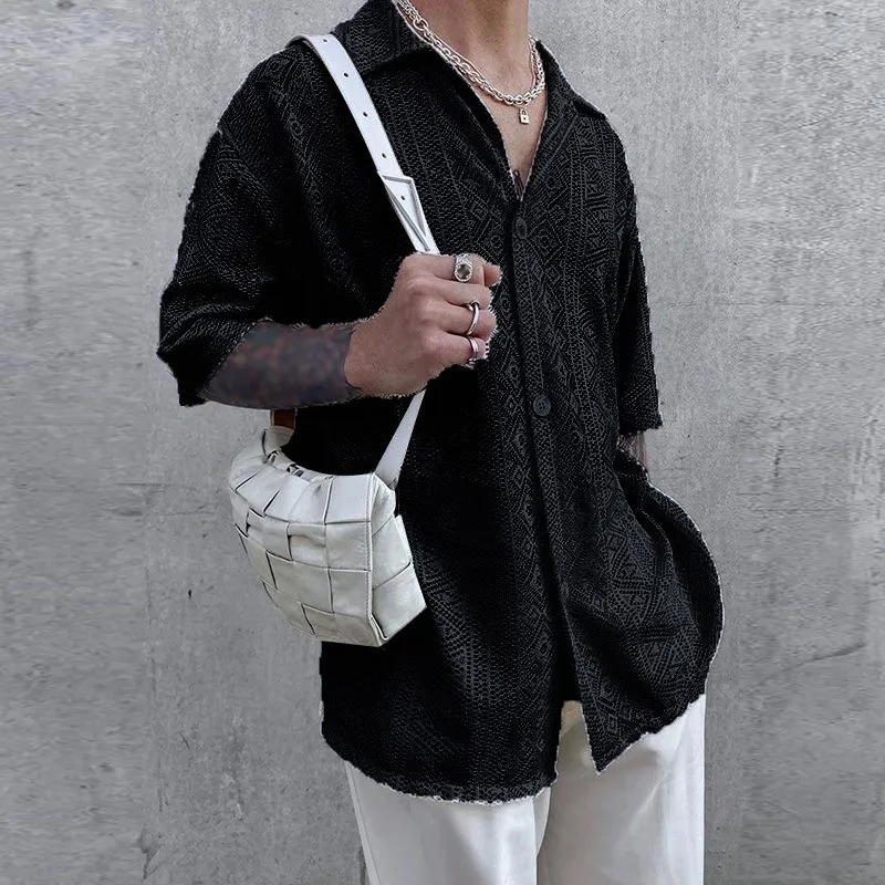 Summer Men's Clothing Mesh See Through Mesh Sexy Shirt Short Sleeve Fishnet Button-down Retro Chic Streetwear Party Blouse S-5XL