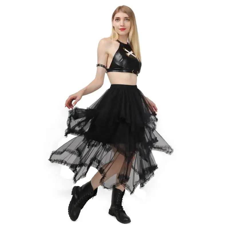 

DAZCOS Gothic Asymmetrical Tiered Tulle Skirt for Women Midi Elastic Waist Ruffle Tiered Fairy Skirt Tutu Mesh Fairy Costume