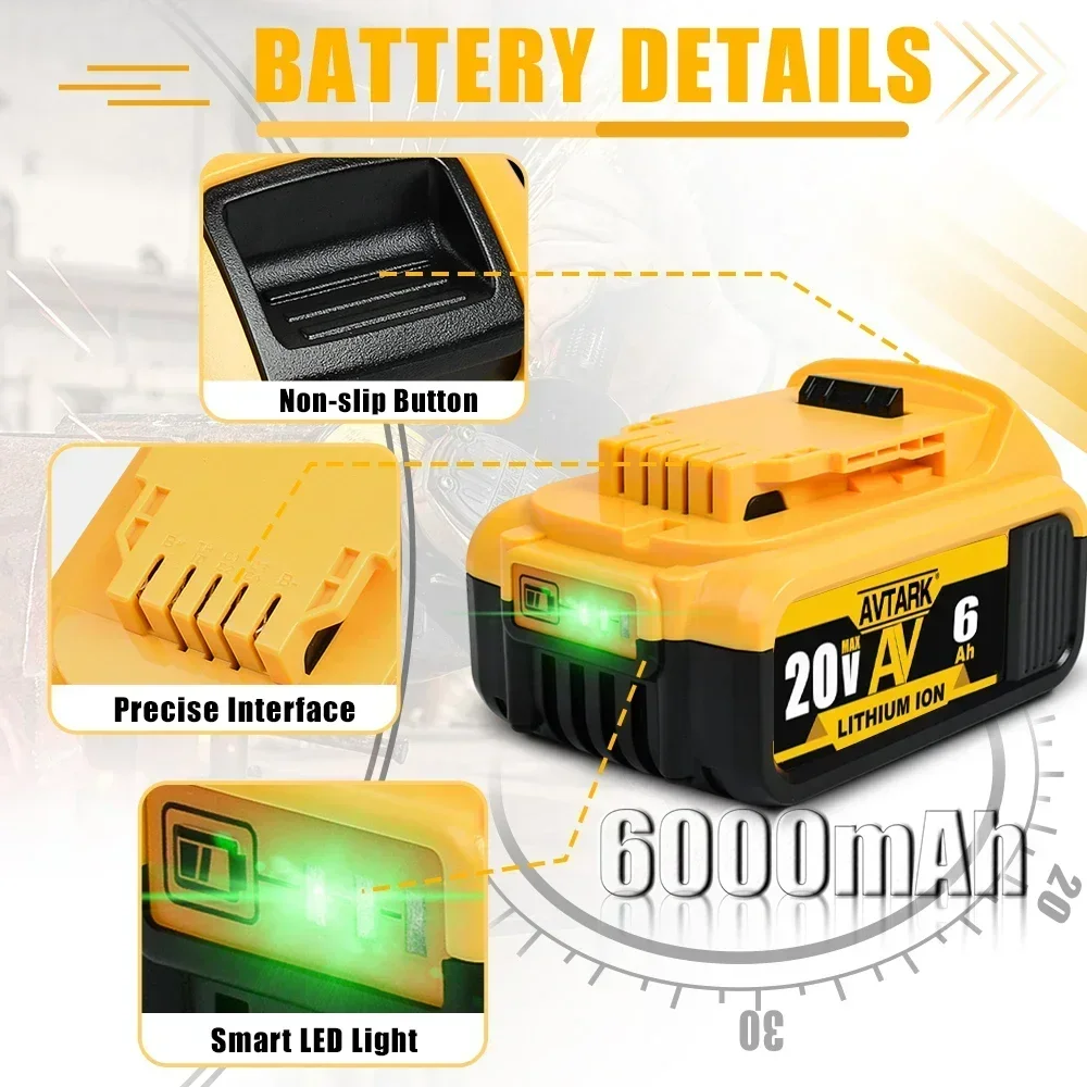 2024 Newly upgraded DCB200 20V 6000mAh battery for Dewalt 18V DCB184 charger DCB200 DCB182 DCB180 DCB181 DCB182 tool battery