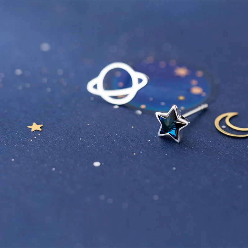 Modian Silver 925 Heart Planet And Stars Stud Earrings for Women 925 Sterling Silver Blue Ctystal Statement Jewelry 2020 New
