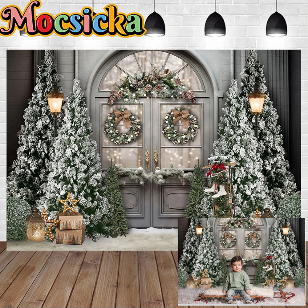 Retro Christmas Door Decor Background Wallpaper Xmas Tree Street Lights Sleigh Photography Backdrop Kids Winter Studio Photocall