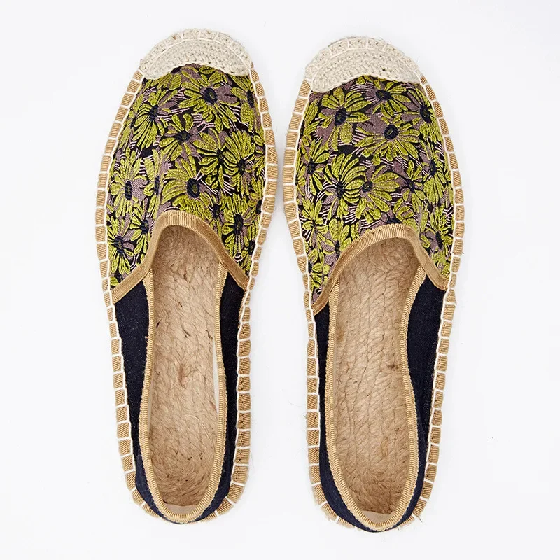MVVJKE Fashion Ethnic Casual Espadrilles Flat New Women Sunflower Printed Embroider Slip on Fishermen Hemp Rope Shoe
