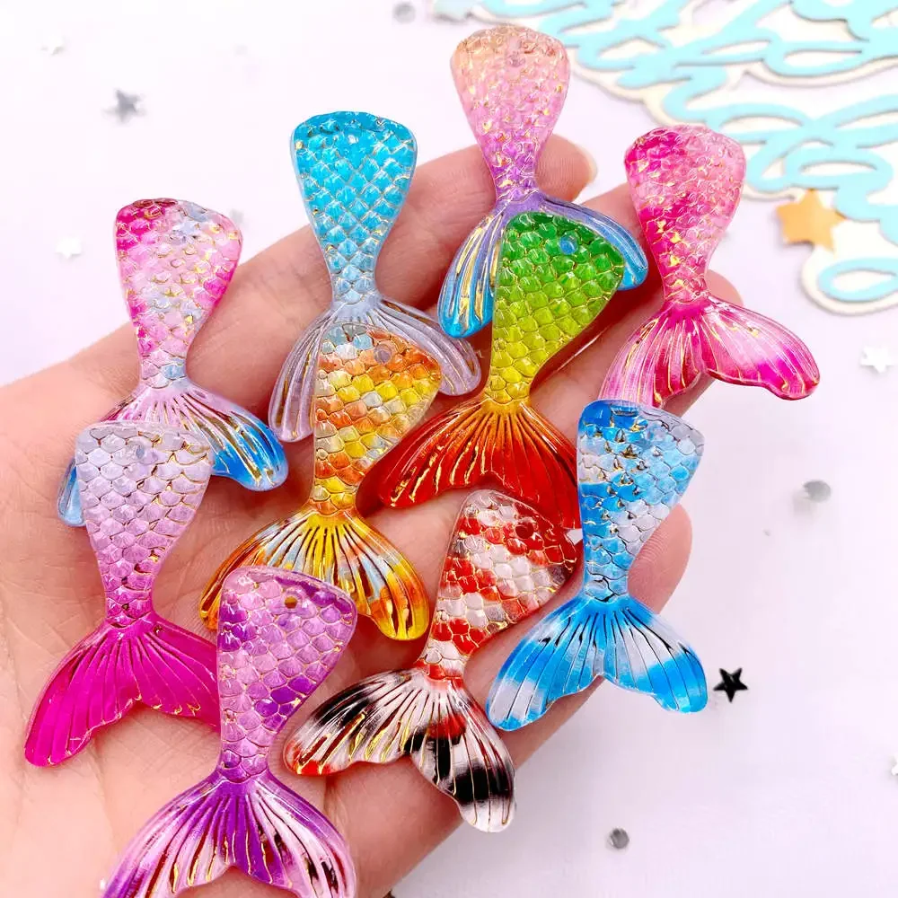 10pcs Glitter Colorful Resin Mermaid Tail Flatback Rhinestone Figurine DIY 1 Hole Bead Scrapbook Jewelry Accessorie Decor Crafts