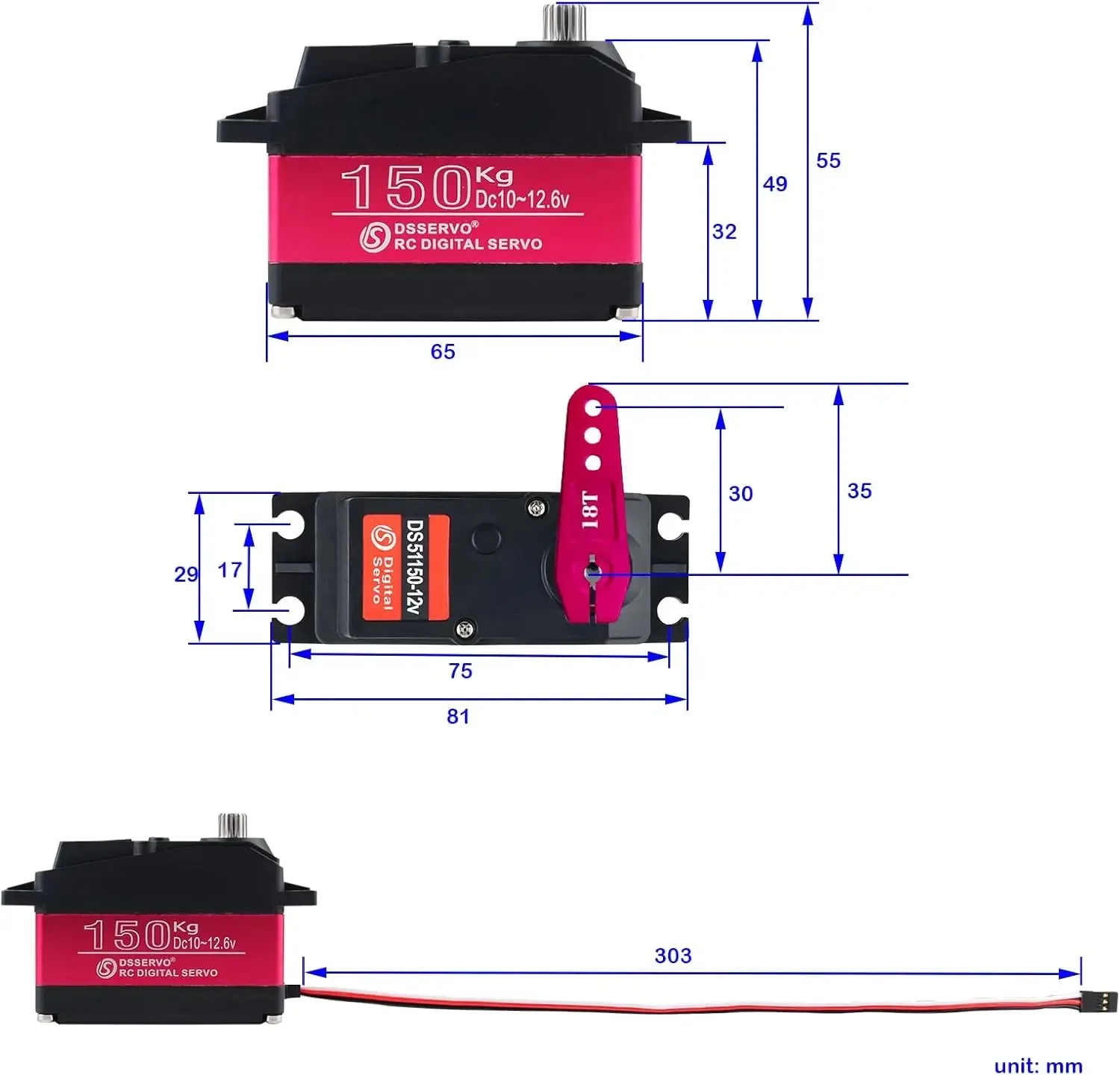 Dsservo 150KG DS51150 Digital RC Servo Full Metal Gear 180/270 Degree 12V Waterproof IP67 18T Servo Arm for Baja Car 1/5 RC Car