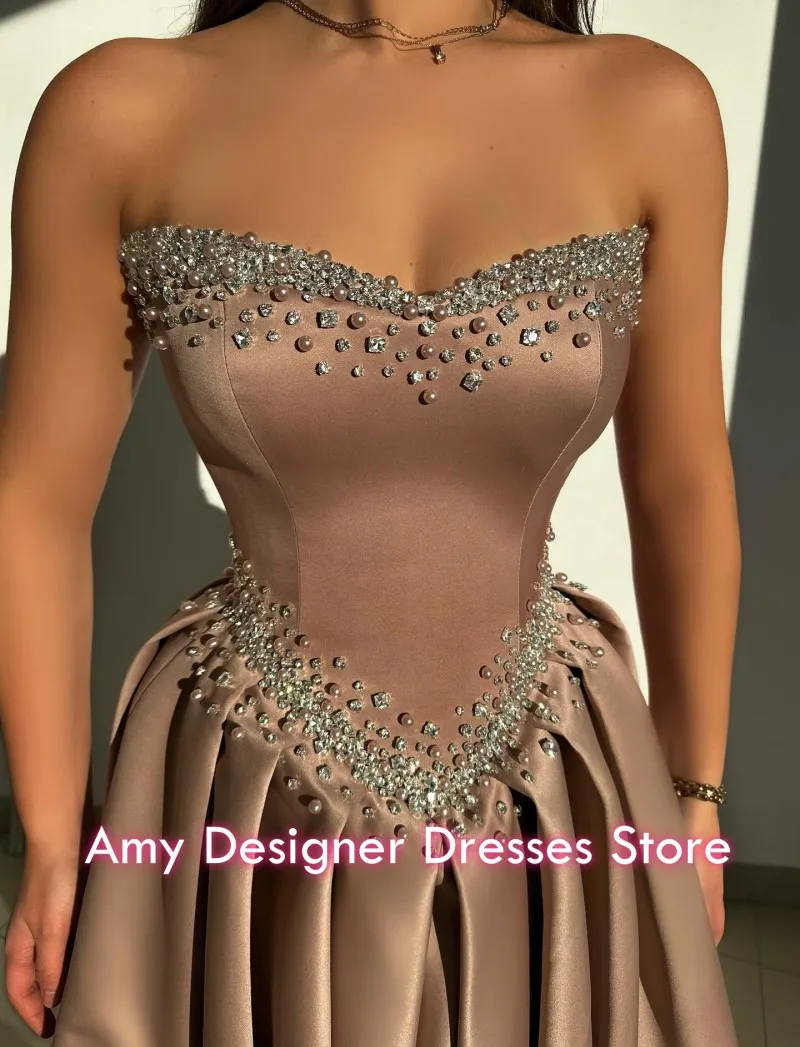 Modest Evening Dresses 2026 Beading Crystal Satin A Line Party Dress Sweetheart Arabic Dubai Prom Gowns Customized
