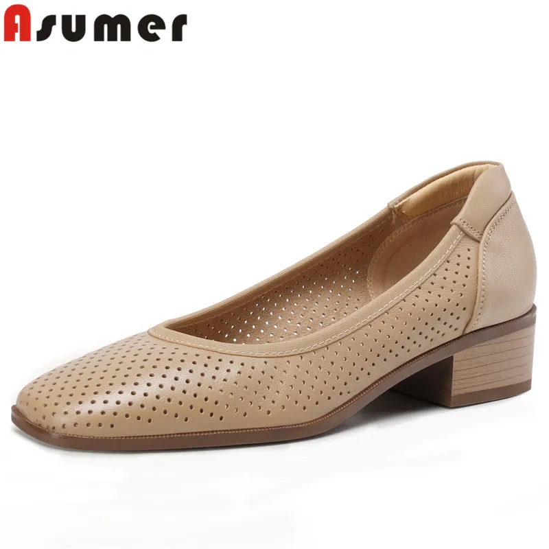 

ASUMER 2024 New Classics Genuine Leather Women Shoes Office Slip On Ladies Hollow Pumps Square Med Heels Single Shoes