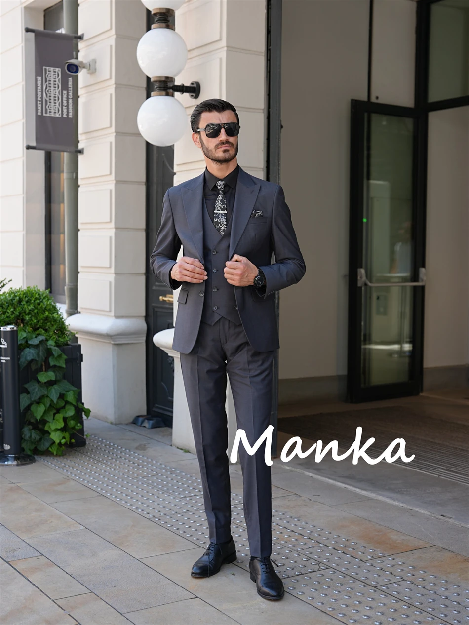 Classic Grey Men's Suits for Wedding Groom Wear Slim Fit 3PCS Blazer Vest Pants Formal Business Office Party Male Suit