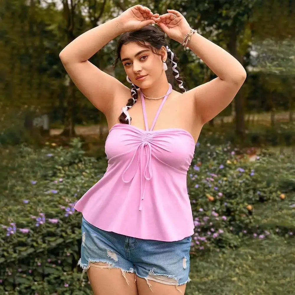 

2025 Oversized Women's Clothing Simple, Pure, Sexy Temperament, Slimming Pink Hanging Neck Strap Vest Top Shirts Blouses Woman