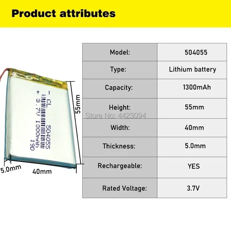 504055 3.7V 1300mAh Rechargeable Li-Polymer Li-ion Battery For mp3 mp4 mp5 phone DVR GPS power bank IPTV lexand sa 5 054055