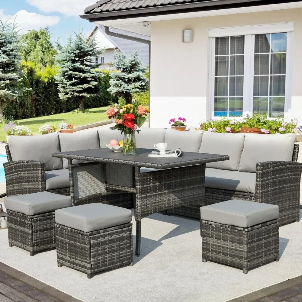 

Furniture Set Outdoor Sectional Conversation Set All Weather Wicker Couch with High Dining Table and Ottoman