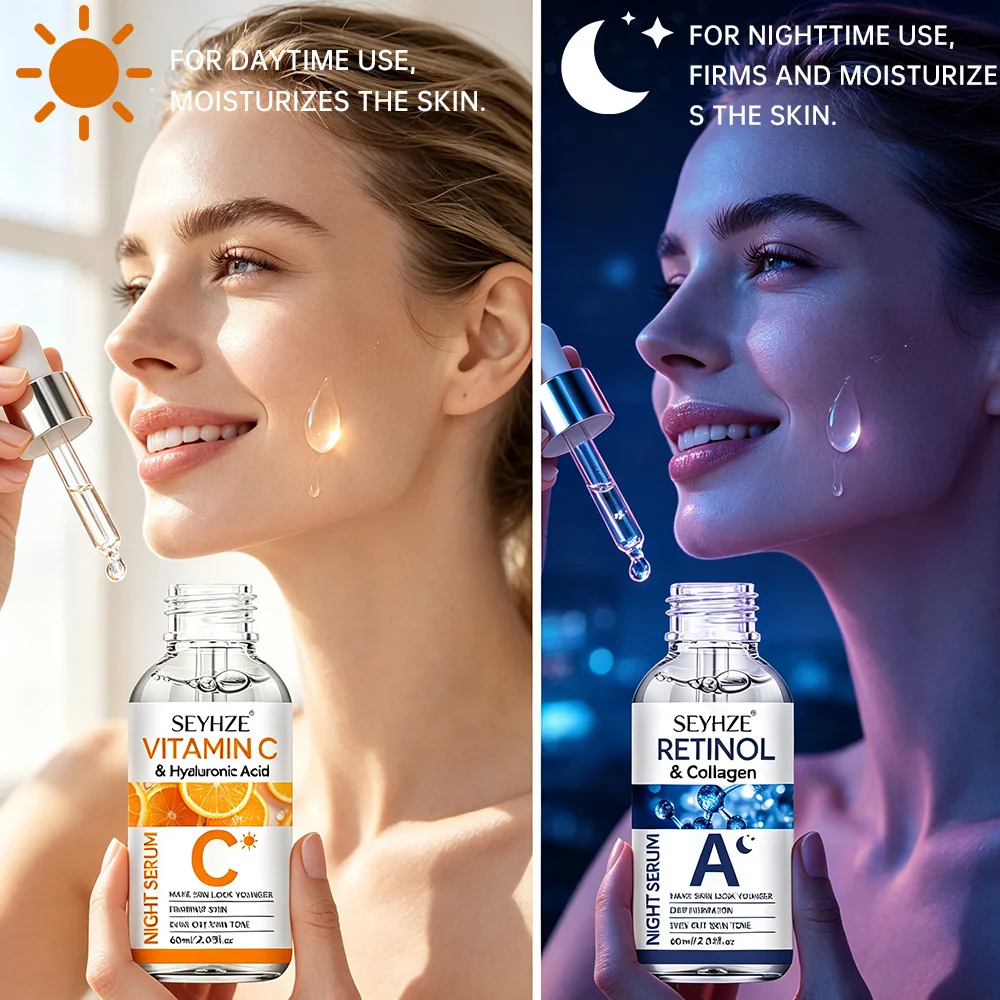SEYHZE Day & Night Hydrating Serum 2pcs. Infused with Collagen, Retinol & Cherry Blossom. Brightens, firms,  72H moisture, lifts