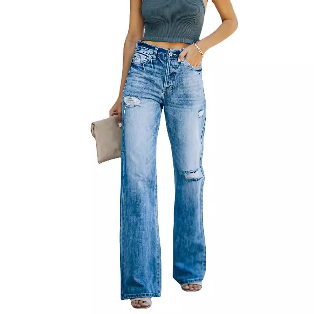 Jeans Women's Fashion Washed Denim Pants Ripped Wide Leg Pants