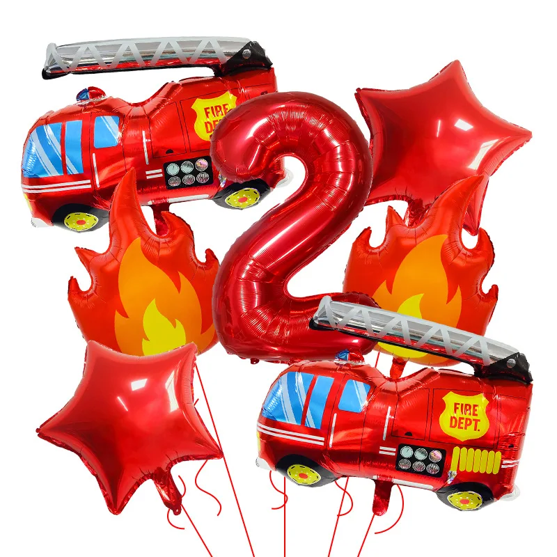 7-teiliges Set Cartoon Feuerwehrauto Thema 1/2/3/4/5/6 Jahre Alte Folien-Heliumballons für Kinder Jungen Geburtstag Babyparty Dekoration – Detail 7