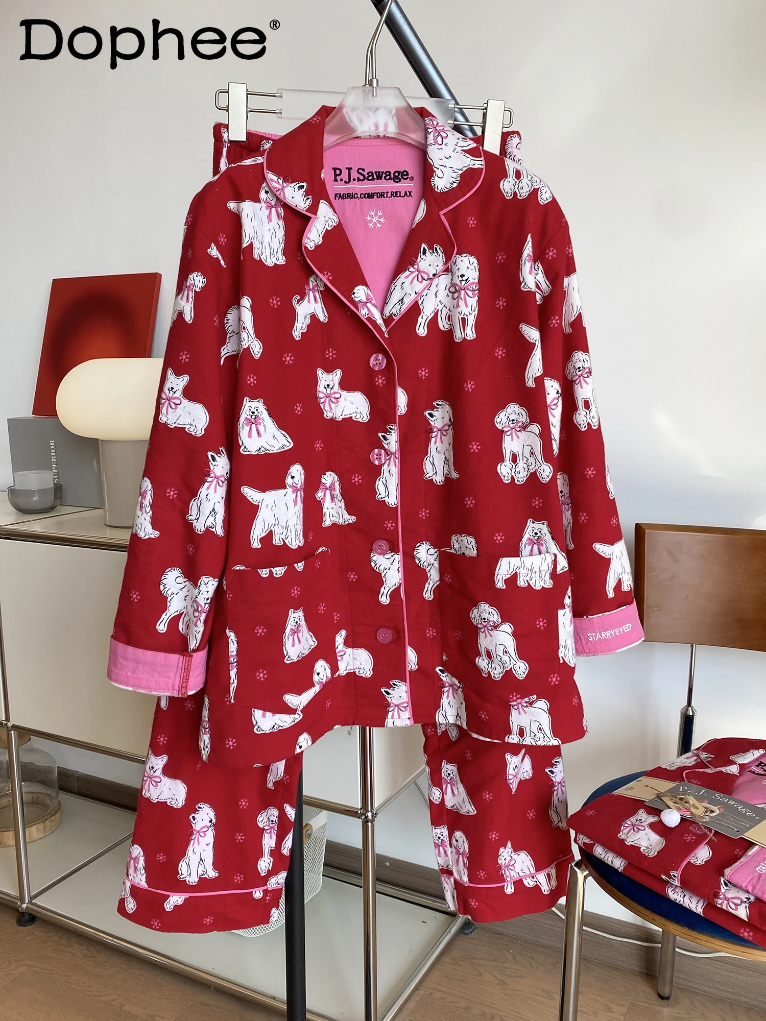 

2025 New Cotton Cartoon Puppy Autumn Winter Long Sleeve Pajamas Japanese Style Girl Warm Loose Casual Homewear Set