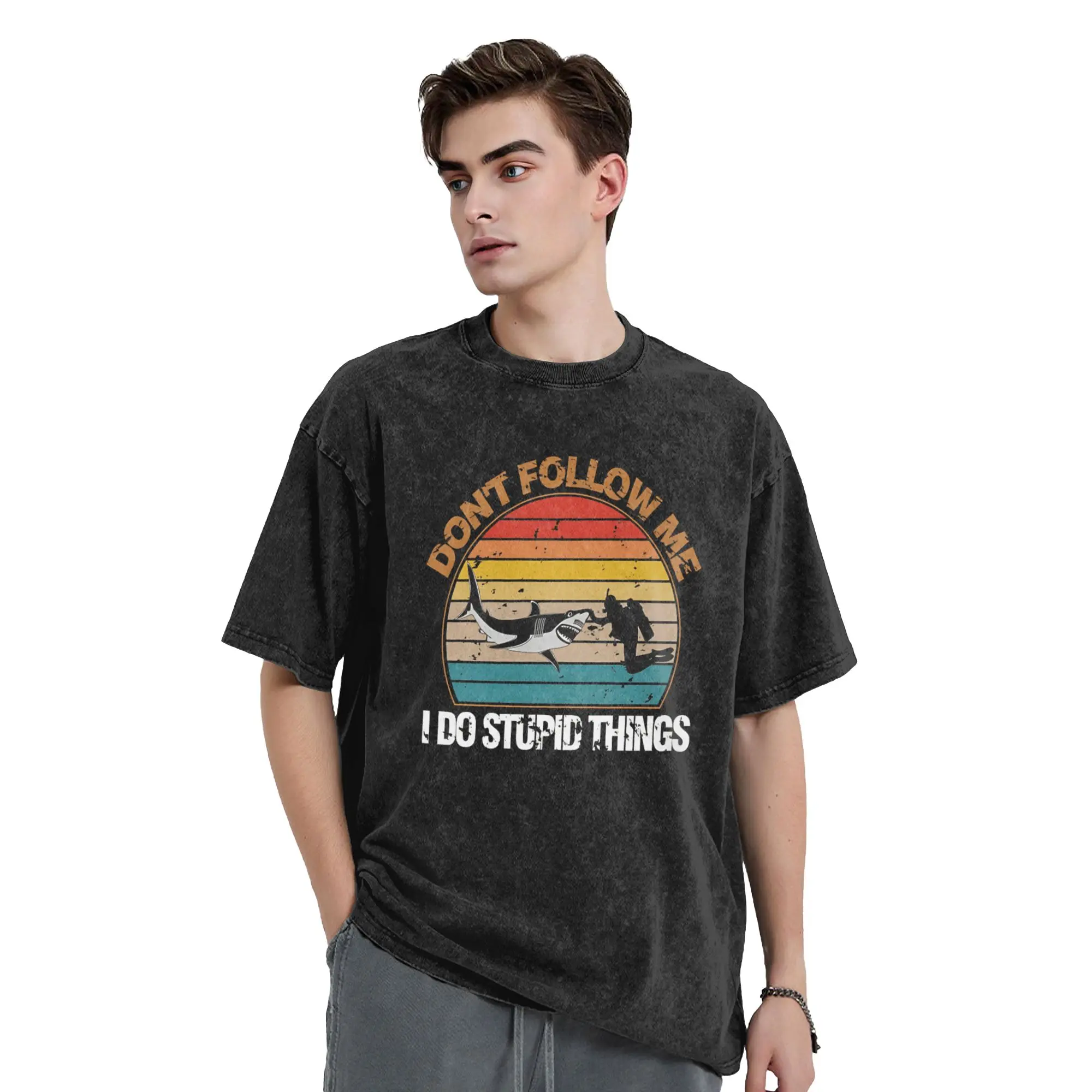 Harajuku Washed T Shirt Don't Follow Me I Do Stupid Things Scuba Diving Diver Simple T-Shirts  Leisure Aesthetic Pattern Tees