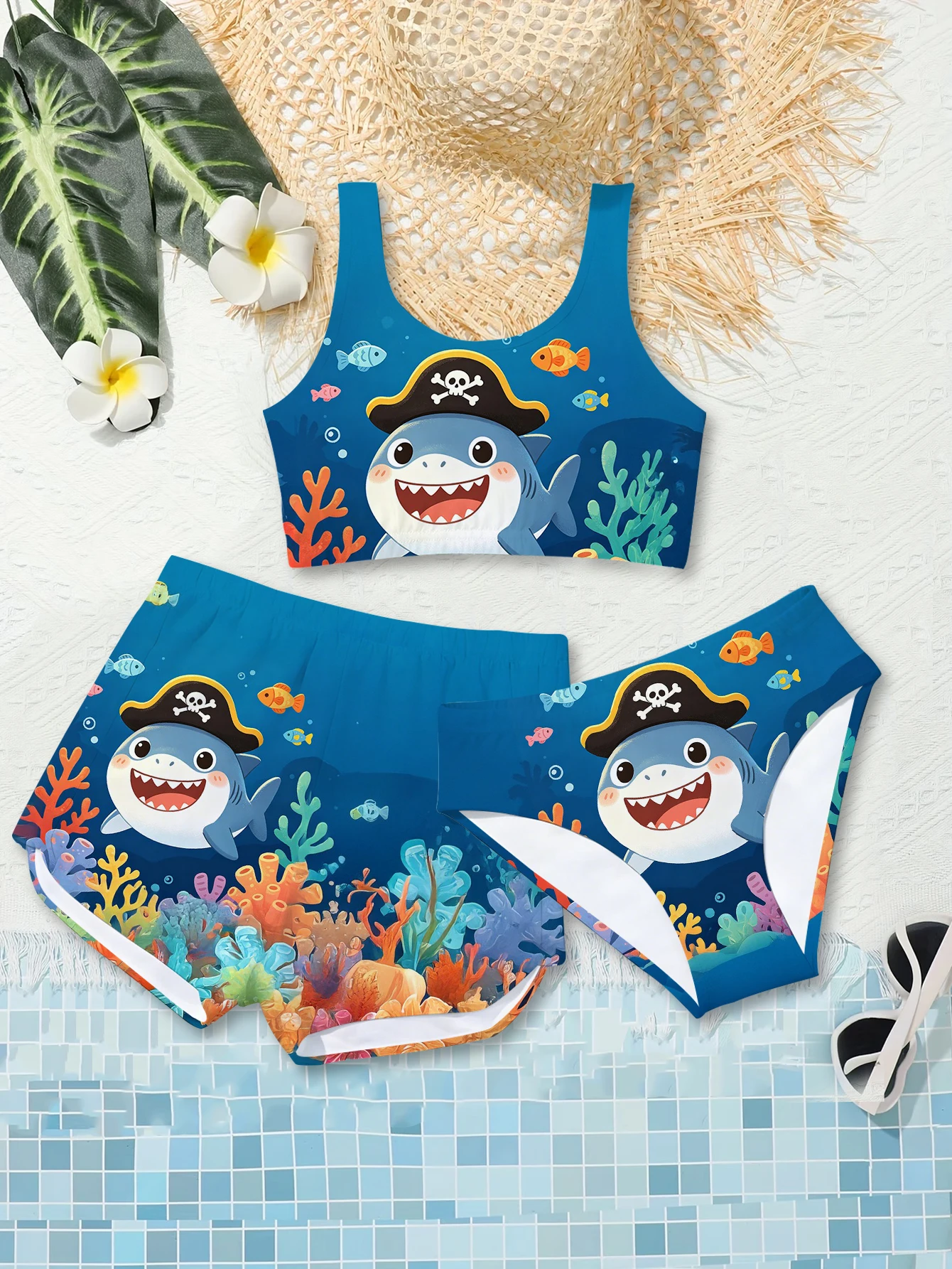 Girls' Summer Style Atmospheric Shark Fashion Three Piece Swimsuit Casual Sportswear