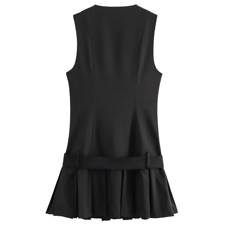 TRAF Sleeveless Casual Women'S Dresses Pleated Black Short Dresses Women Office Belt Vest Mini Dress Woman Button Formal Dresses