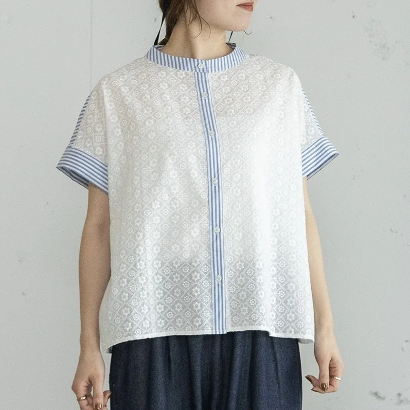 

Sweet Style Short Sleeve Embroidered Patchwork Women's Shirt Japanese Style New Arrival Breathable Cotton Loose Fit Shirt