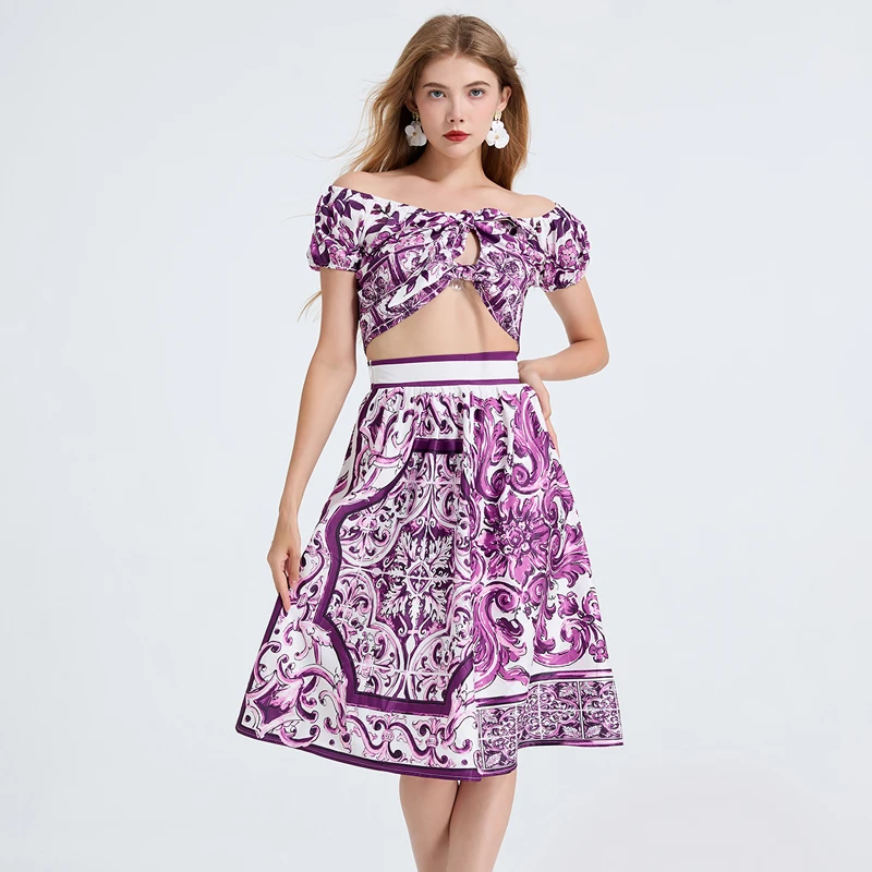 

Fashion Purple Flower Print Two Piece Set Women Sexy Slash Neck Crop Top + High Waist A-Line Skirt Casual Holiday Beach Suits