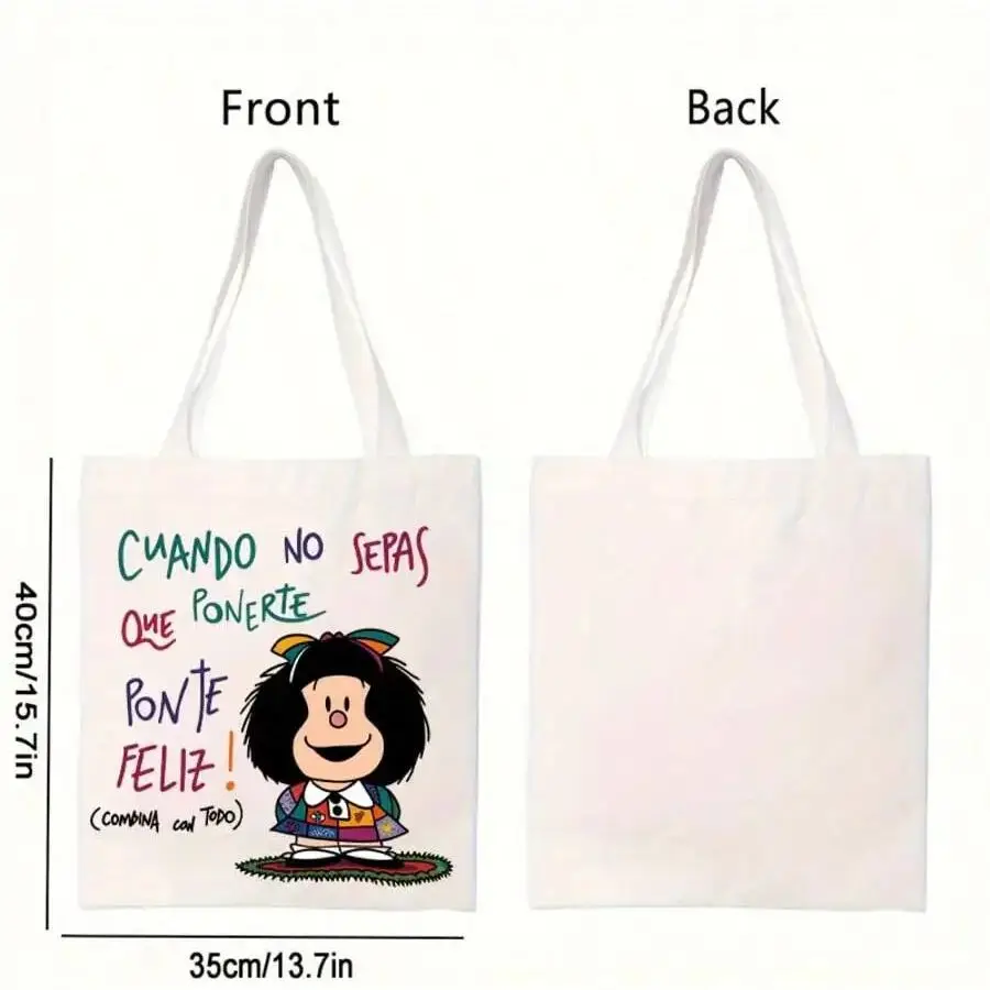 Cartoon Mafalda Mafada 2D Print Pattern Canvas Tote Bag Fashionable Unisex Shoulder Bag for Daily Use image 3