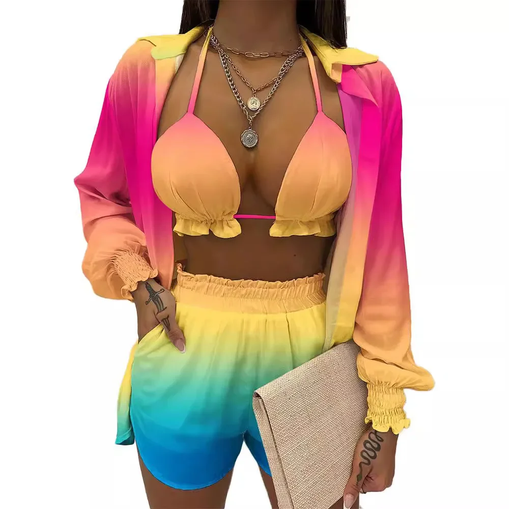 Summer Sexy African Long Sleeve Polyester 3 Piece Coat Bra Pant Matching Sets Dashiki African Clothing African Clothes for Women