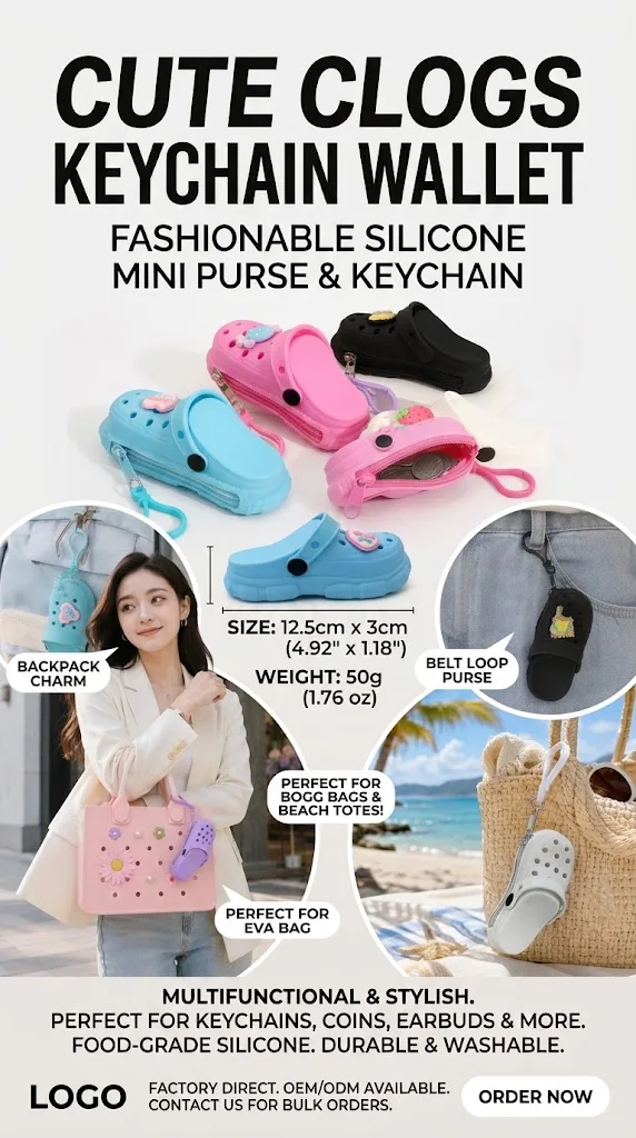 Mini-Silikon-Reißverschlusstasche in Clog-Form 3x12,5cm Niedlicher Cartoon-Schlüsselanhänger Münzbörse für Kinder Mädchen Reise-Aufbewahrungstasche Charm-Taschen – Detail 1