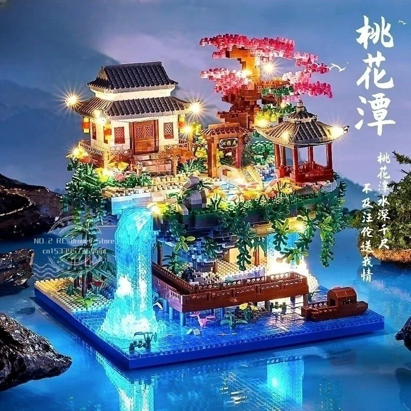 

3320PCS Peach Blossom Waterfall Building Block Architecture Pavilion River Light DIY Model Micro Bricks Toy Friend Graduate Gift