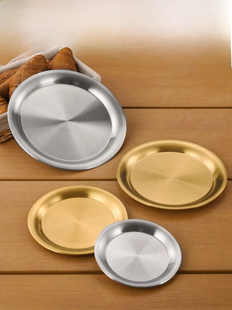 

Корейская круглая тарелка из нержавеющей стали, золотой цвет, поднос для барбекю Di Bone, поднос для ресторана, поднос для фруктов, плоский бот, тарелка для барбекю, медленная...