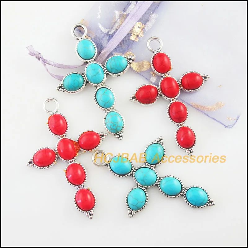 2Pcs Retro Tibetan Silver Tone Cross Oval Blue&Red Stone Charms Pendants 40.5x61mm