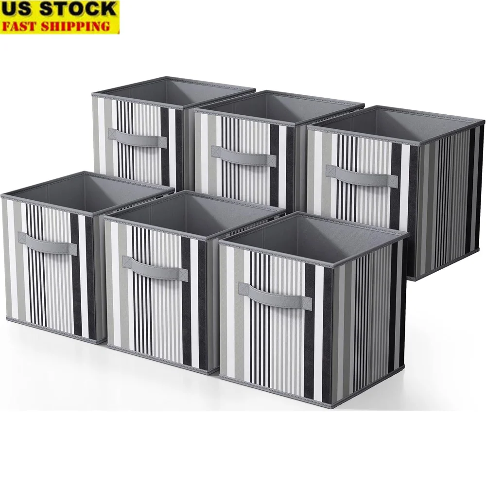 

Foldable Storage Cube Basket Bin Set of 6 Vertical Stripe Pattern Collapsible Organizer Bins Home Office Toys Clothes Laundry
