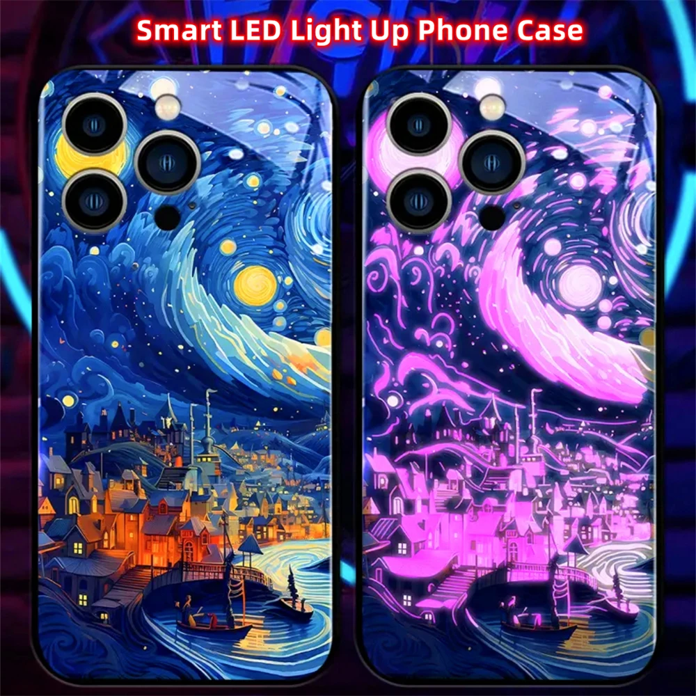 Psychedelic Starry Sky Luminous Phone Case LED Light Glass Shockproof Cover For iPhone Air 17 16 E 15 14 13 12 11 Pro Max Plus