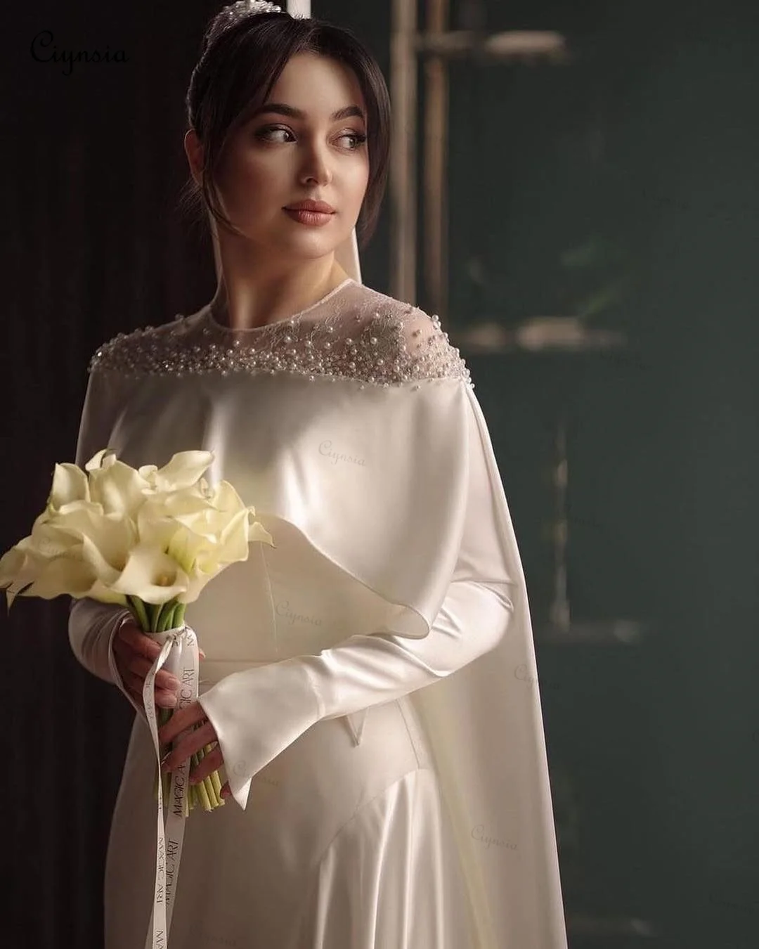 Ciynsia Customized Silk Satin Pearls Beaded Wedding Gown Full Sleeves Ivory Bridal Dress 2026 New Vestidos De Novia Princesa