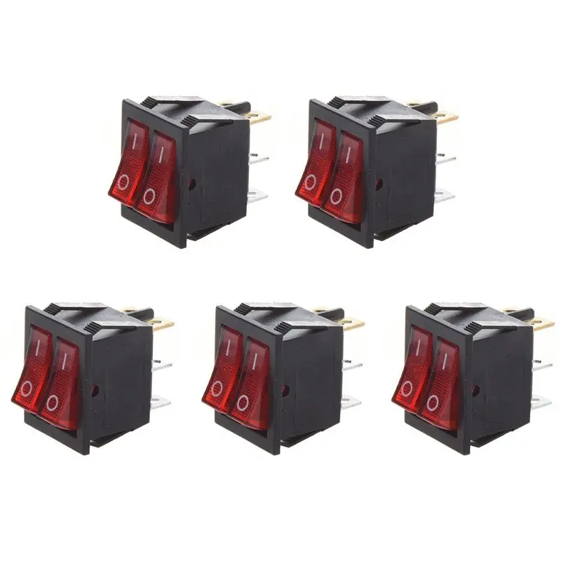 ABVT-5X Red Light Illuminated 6 Pin Dual SPST ON/OFF Boat Rocker Switch AC 15A/250V 20A/125V