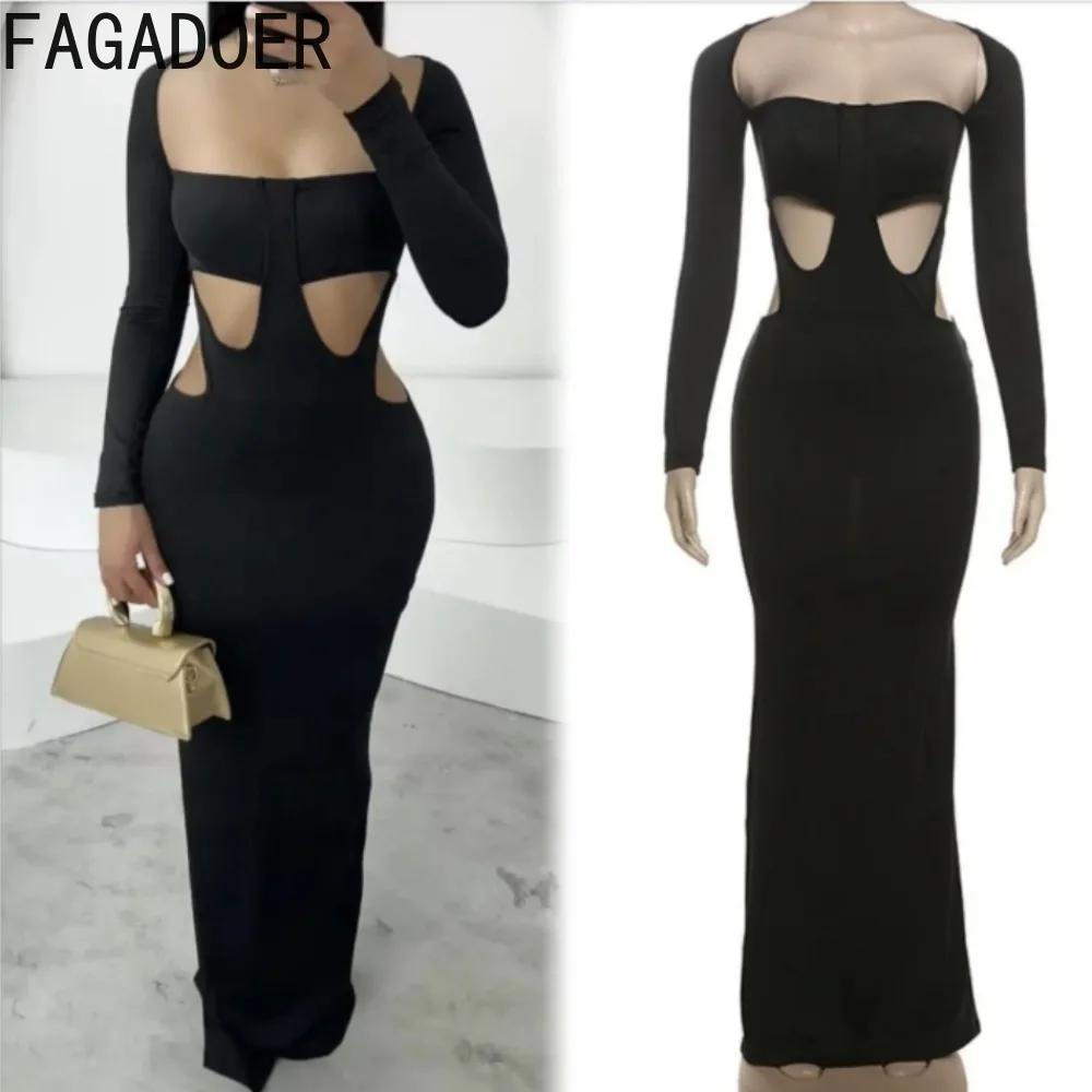 

FAGADOER Sexy Hollow Out Patchwork Dress Women Solid Long Sleeve Bodycon Dresses Lady Party Clubwear Vestidos 2025 Autumn New