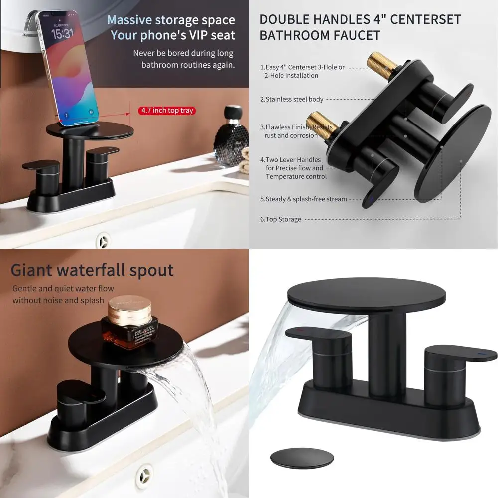 

Matte Black 3-Hole Waterfall Faucet with Pop-Up Drain for 4-Inch Centerset, 2-Handle Stainless Steel Vanity Sink