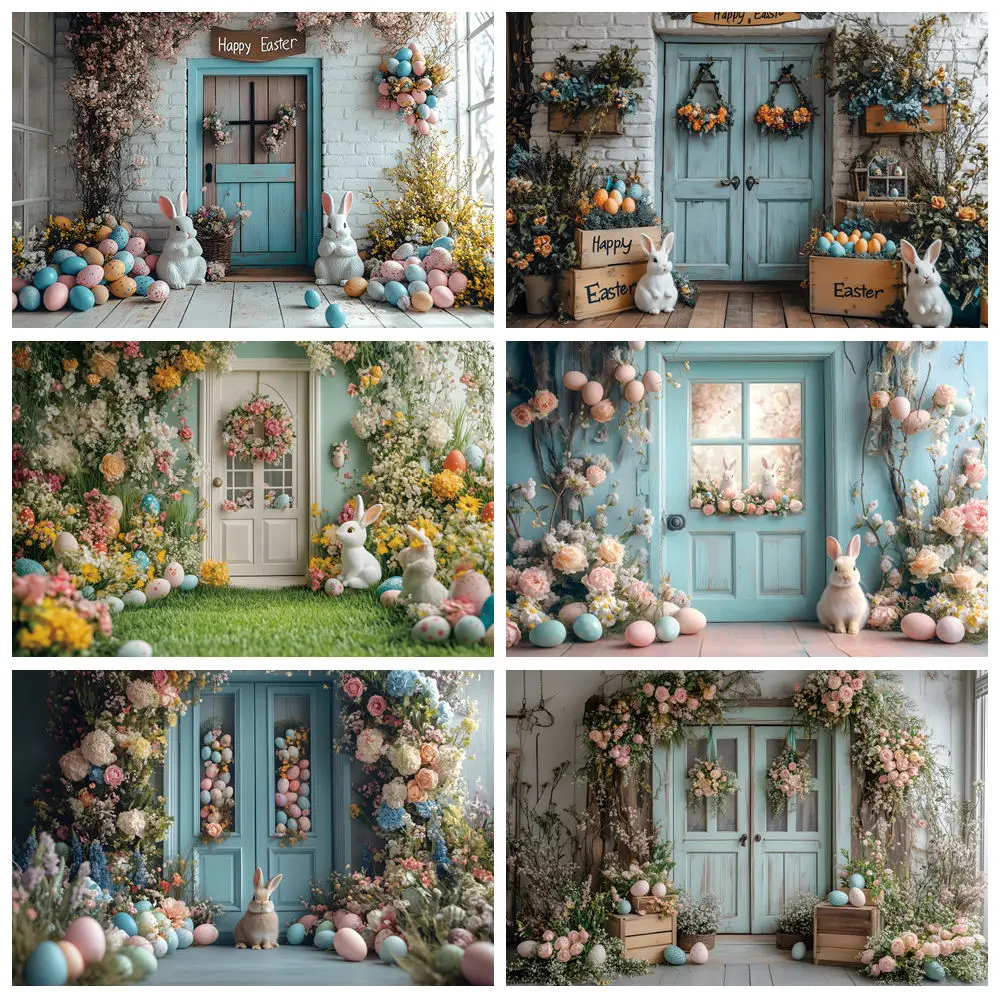 

Spring Easter Backdrop Photography Rabbit Colorful Eggs Flowers Grassland Wood Door Easter Baby Birthday Photo Background Decor