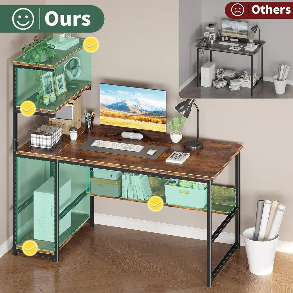 مكتب منزلي كبير حديث 43.3 مع مساحة تخزين من 4 طبقات، وطاولة كمبيوتر للدراسة والكتابة مع رف الكتب ورف البرج #4