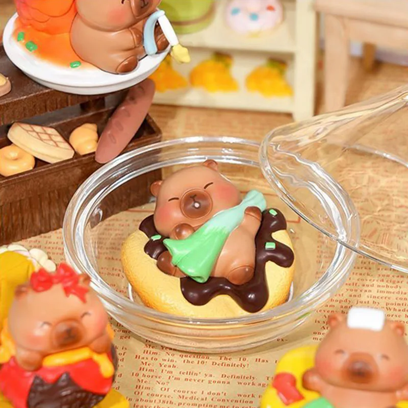 カピバラフードテーマブラインドボックスランダムかわいいフィギュアキュートアニマルデスクトップデコレーションコレクタブルサプライズトイギフト家族への幸運の贈り物