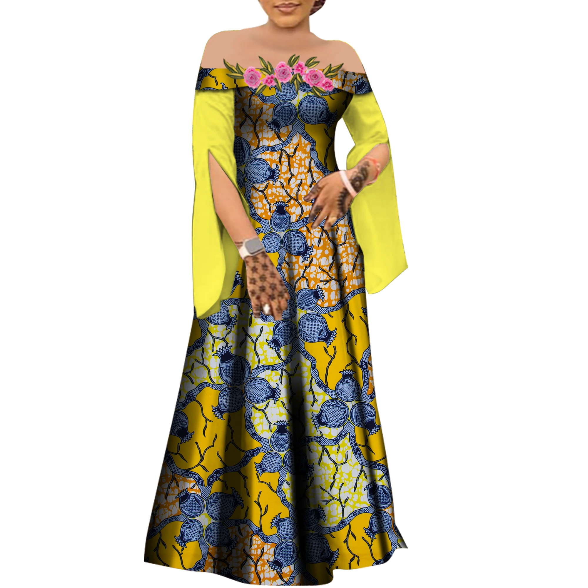 

Slash Neck Ankara Dress Women African Wax Print Robe Africaine Bazin Riche African Long Dress Gown Dress with Appliques WY7050