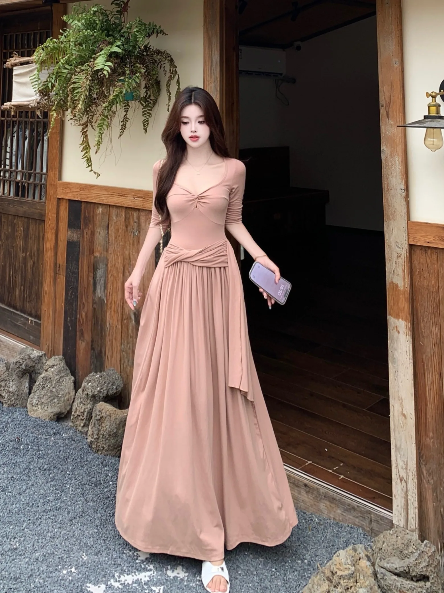 

plus Size Women's Summer Slimming A-Line Dress Knot Short Sleeve Long Dress High Waist Concealing Belly Korean Style Commute