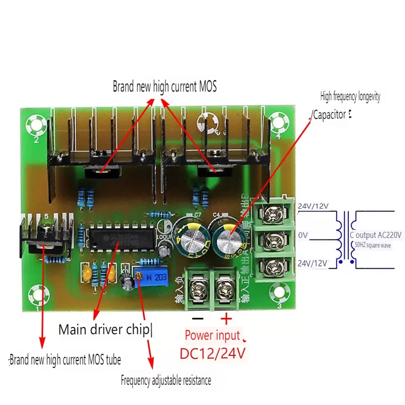 (1 pcs/lot)Power frequency inverter 50HZ low-frequency inverter drive board DC12V24V rising AC220V inverter boost module 300W